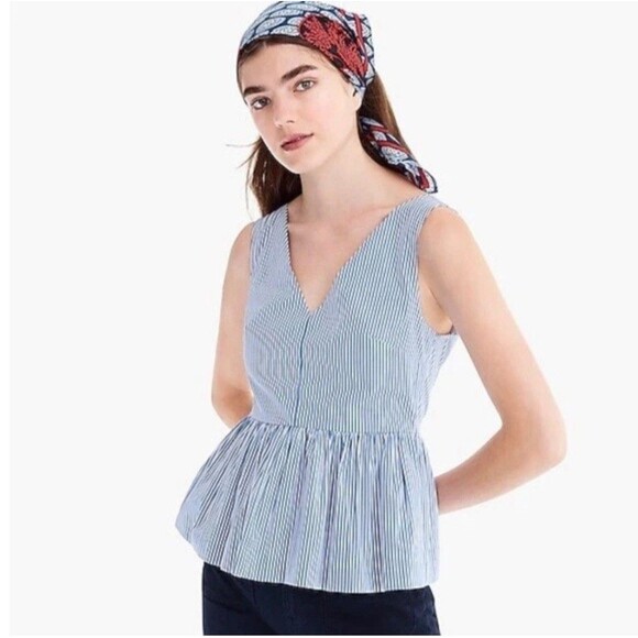 J. Crew Women's 2 Sleeveless Peplum Poplin Striped Top Blue White Double V Neck - Picture 2 of 8